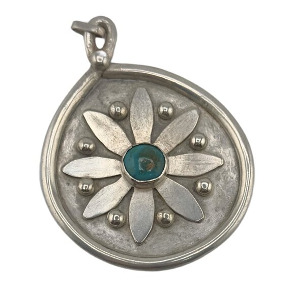 Flower Power Vintage 1970s Handmade Sterling Silver and Turquoise Pendant - Picture 6 of 6